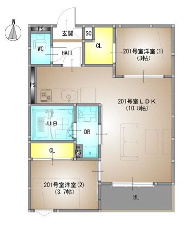岡山県岡山市北区奉還町4(アパート)の賃貸物件の間取り
