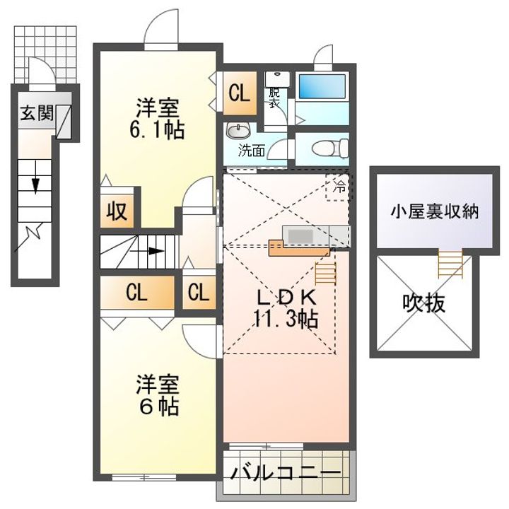 大阪府東大阪市玉串町東2の賃貸アパートの間取り