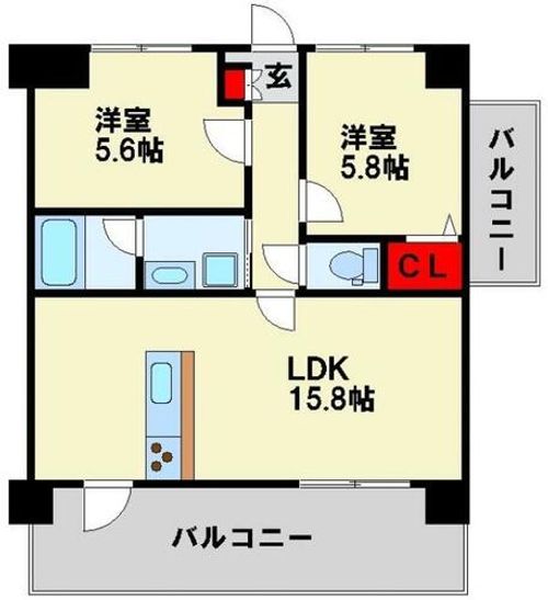 福岡県北九州市八幡東区中央2丁目(マンション)の賃貸物件の間取り