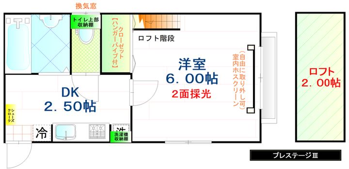 プレステージⅡ 2帖のロフト付 家電付のお部屋 ご入居期間中修理・交換無料2Dの間取り
