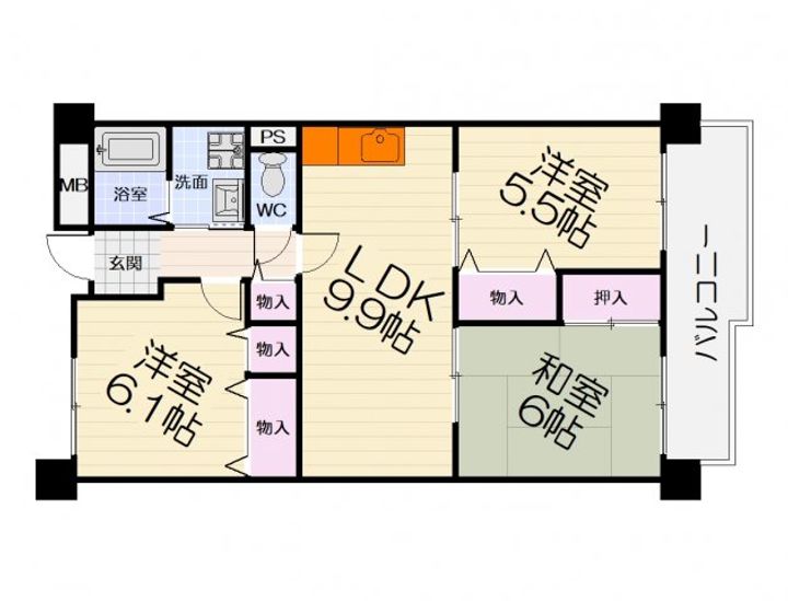 大阪府堺市西区下田町(マンション)の賃貸物件の間取り