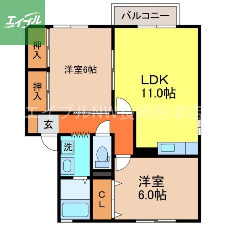 長崎県西彼杵郡長与町まなび野3丁目(アパート)の賃貸物件102の間取り