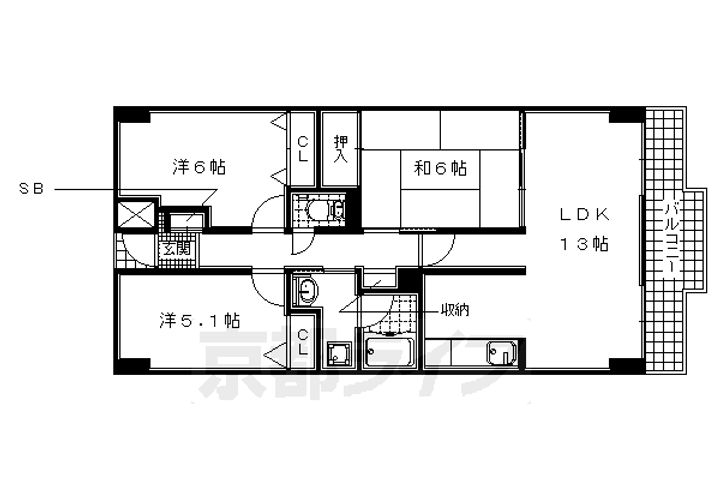 京都府宇治市木幡西浦の賃貸マンションの間取り