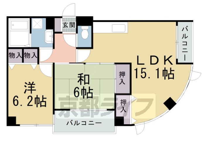 京都府京都市北区上賀茂向縄手町の賃貸マンションの間取り