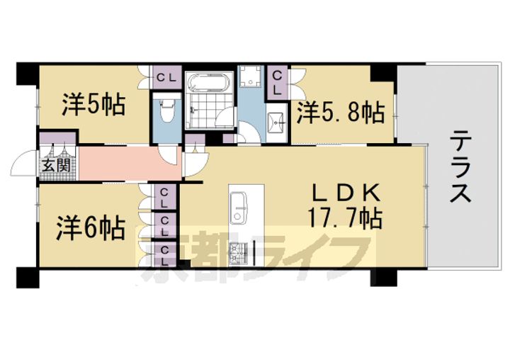 京都府京都市左京区松ケ崎小竹薮町の賃貸マンションの間取り