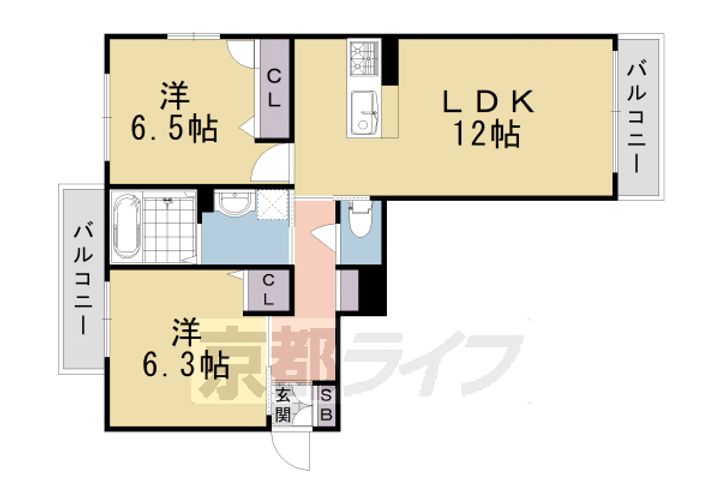 京都府乙訓郡大山崎町円明寺下金蔵の賃貸マンションの間取り