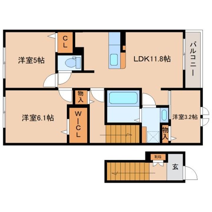 奈良県生駒郡三郷町立野北2丁目(アパート)の賃貸物件の間取り