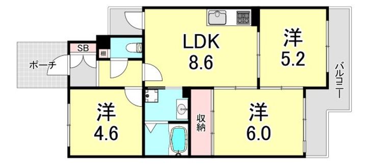 兵庫県神戸市長田区上池田6丁目(マンション)の賃貸物件の間取り